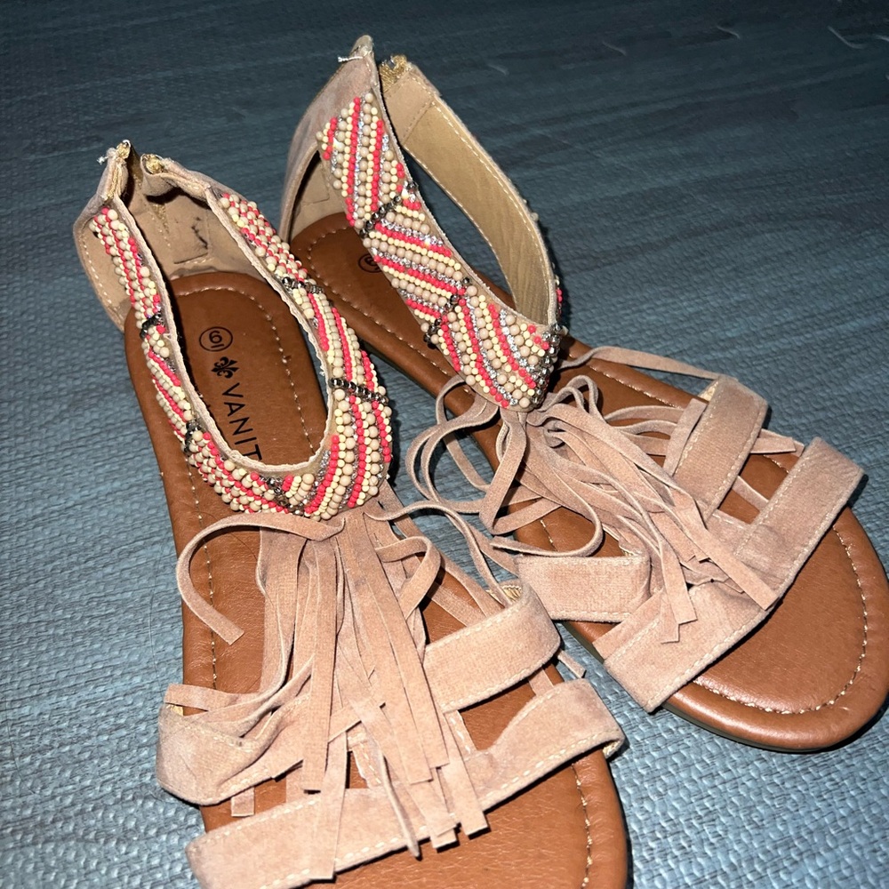 Vanity Tan and Pink Beaded Sandals